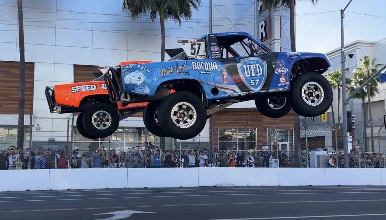 Team UFD #57 truck airborne at the Long Beach Grand Prix
