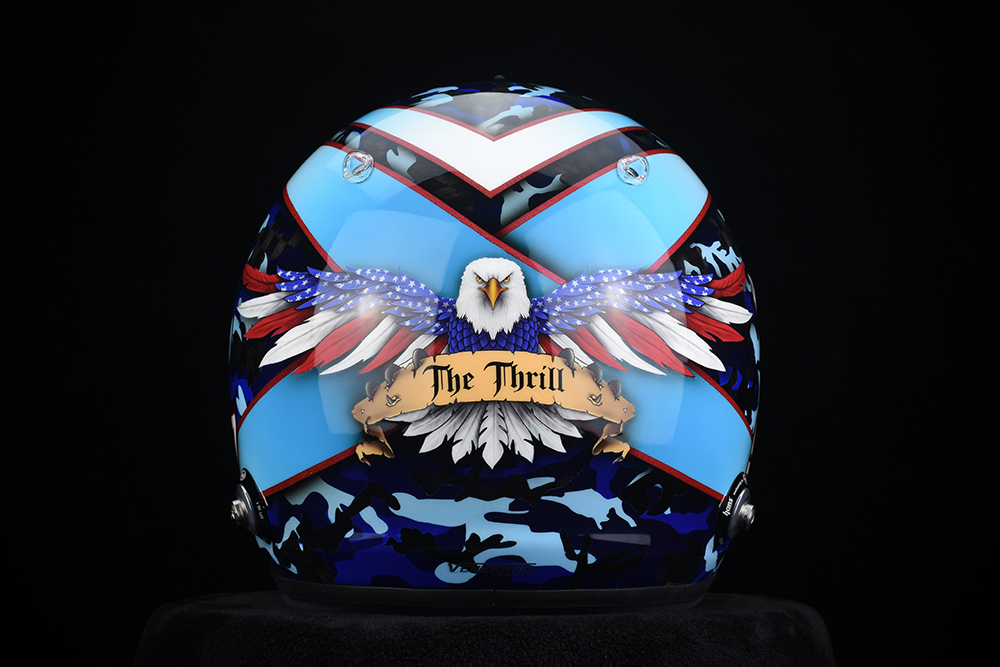 Bill Hynes blue camouflage The Thrill racing helmet with patriotic eagle artwork