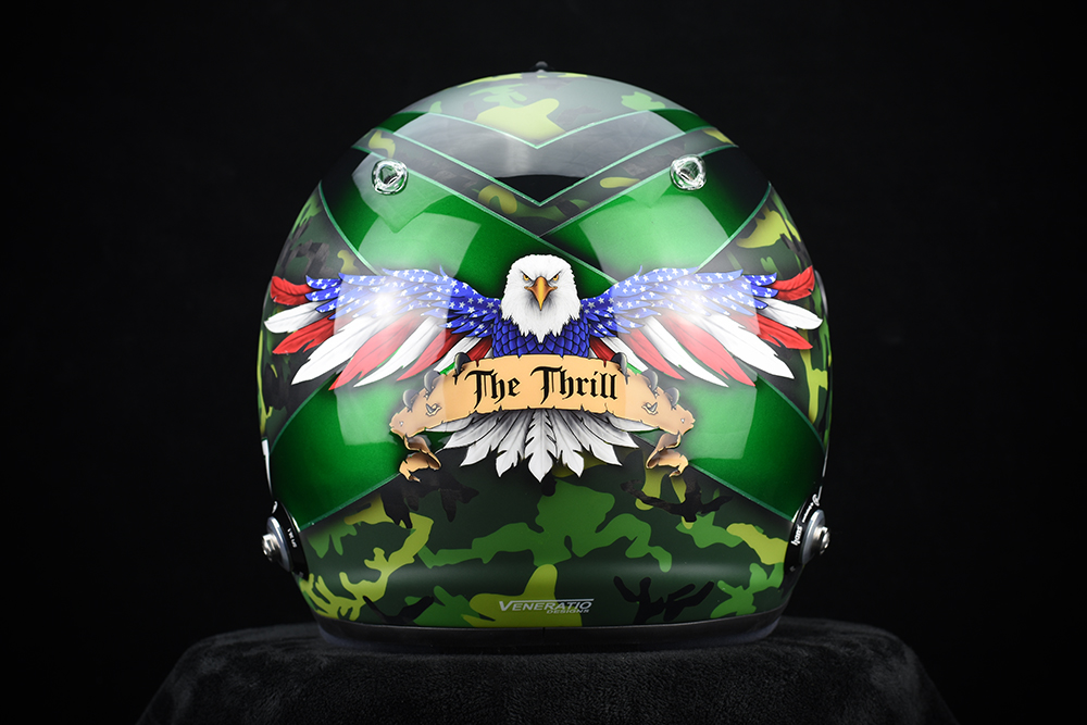 Bill Hynes green camouflage The Thrill racing helmet with patriotic eagle artwork