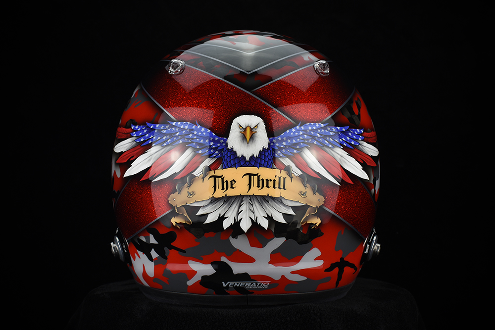 Bill Hynes red camouflage The Thrill racing helmet with patriotic eagle artwork